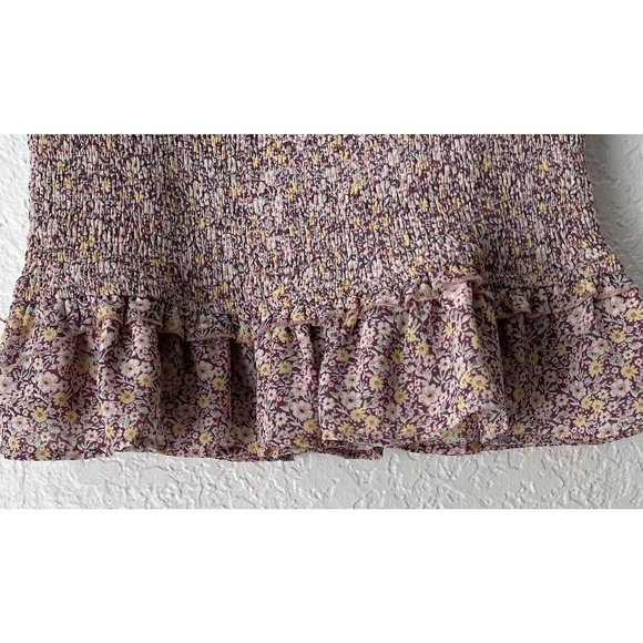 Dress Forum Boho Pink Floral Mini Dress Shirred Ruched Ruffle Bodycon Womens M - Picture 4 of 5